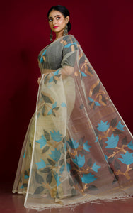 Naal Phool Woven Nakshi Work Muslin Silk Jamdani Saree in Beige, Black, Azure Blue and Gold Zari Weave