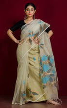 Naal Phool Woven Nakshi Work Muslin Silk Jamdani Saree in Beige, Black, Azure Blue and Gold Zari Weave