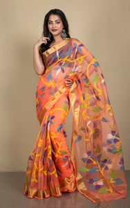 Muslin Silk Jamdani Saree in Peach, Yellow and Multicolored Thread Work