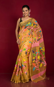 Muslin Silk Jamdani Saree in Warm Beige, Pink and Multicolored Thread Work