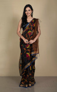 Premium Quality Muslin Silk Jamdani Saree in Black, Orange, Yellow, Brick Red and Gold Zari Work