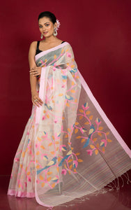 Premium Quality Muslin Silk Jamdani Saree in Chiffon White, Frosted Pink and Multicolored Thread Work