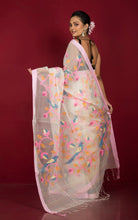 Premium Quality Muslin Silk Jamdani Saree in Chiffon White, Frosted Pink and Multicolored Thread Work
