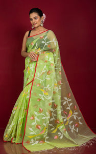 Premium Quality Muslin Silk Jamdani Saree in Lime Green, Red and Multicolored Thread Work