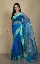 Soft Muslin Silk Banarasi Saree in Peacock Blue, Baby Blue, Golden and Silver Zari Work