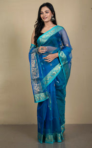 Soft Muslin Silk Banarasi Saree in Peacock Blue, Baby Blue, Golden and Silver Zari Work