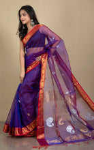 Soft Muslin Silk Banarasi Saree in Dark Purple, Red, Golden and Silver Zari Work