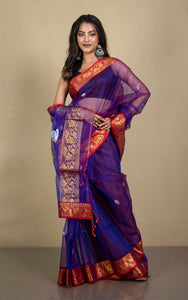 Soft Muslin Silk Banarasi Saree in Dark Purple, Red, Golden and Silver Zari Work