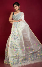 Premium Hand Woven Skirt Nakshi Work Muslin Silk Dhakai Jamdani Saree in Off White, Black and Multicolored Minakari Thread Work