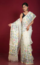 Premium Hand Woven Skirt Nakshi Work Muslin Silk Dhakai Jamdani Saree in Off White, Black and Multicolored Minakari Thread Work