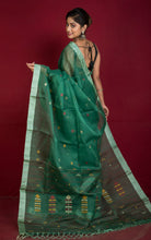 Poth Contrast Border Muslin Silk Jamdani Saree in Pine Green, Silver White and Multicolored