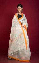 Poth Contrast Border Muslin Silk Jamdani Saree in Spring White, Saffron Orange and Multicolored