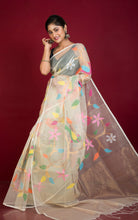 Peacock and Floral Motif Work Muslin Silk Jamdani Saree in Tulip White, Golden and Multicolored Thread Work
