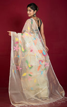 Peacock and Floral Motif Work Muslin Silk Jamdani Saree in Tulip White, Golden and Multicolored Thread Work