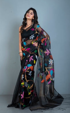 Peacock and Floral Motif Work Muslin Silk Jamdani Saree in Black, Golden and Multicolored Thread Work