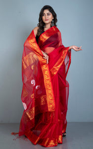 Soft Muslin Silk Banarasi Saree in Red, Golden and Silver Zari Work