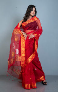 Soft Muslin Silk Banarasi Saree in Red, Golden and Silver Zari Work