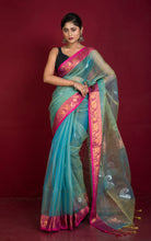Soft Muslin Silk Banarasi Saree in Tiffany Blue, Hot Pink, Golden and Silver Zari Work