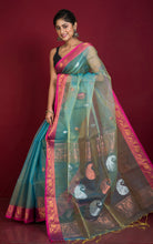 Soft Muslin Silk Banarasi Saree in Tiffany Blue, Hot Pink, Golden and Silver Zari Work