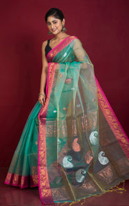 Soft Muslin Silk Banarasi Saree in Sea Green, Hot Pink, Golden and Silver Zari Work