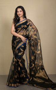 Jangla Jaal Work Muslin Silk Jamdani Saree in Black, Royal Blue and Antique Gold