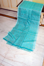 Designer Woven Antique Ginni Work Skirt Border Muslin Matka Silk Saree in Fountain Blue and Antique Gold