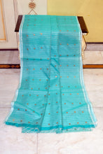 Designer Woven Antique Ginni Work Skirt Border Muslin Matka Silk Saree in Fountain Blue and Antique Gold