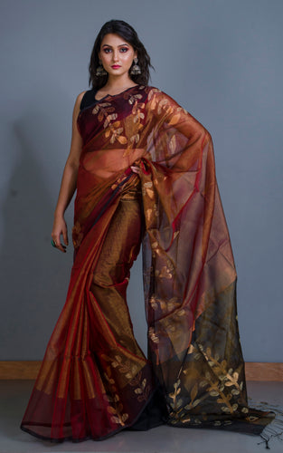 Designer Dual Tone Tissue Muslin Silk Saree in Brown and Black