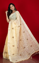 Machine Embroidery Work Soft Staple Cotton Saree in Peach Yellow, Off White and Matte Golden