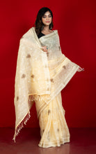 Machine Embroidery Work Soft Staple Cotton Saree in Peach Yellow, Off White and Matte Golden