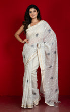 Machine Embroidery Work Soft Staple Cotton Saree in Light Grey, Off White and Matte Golden