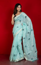 Machine Embroidery Work Soft Staple Cotton Saree in Coral Blue, Off White and Matte Golden