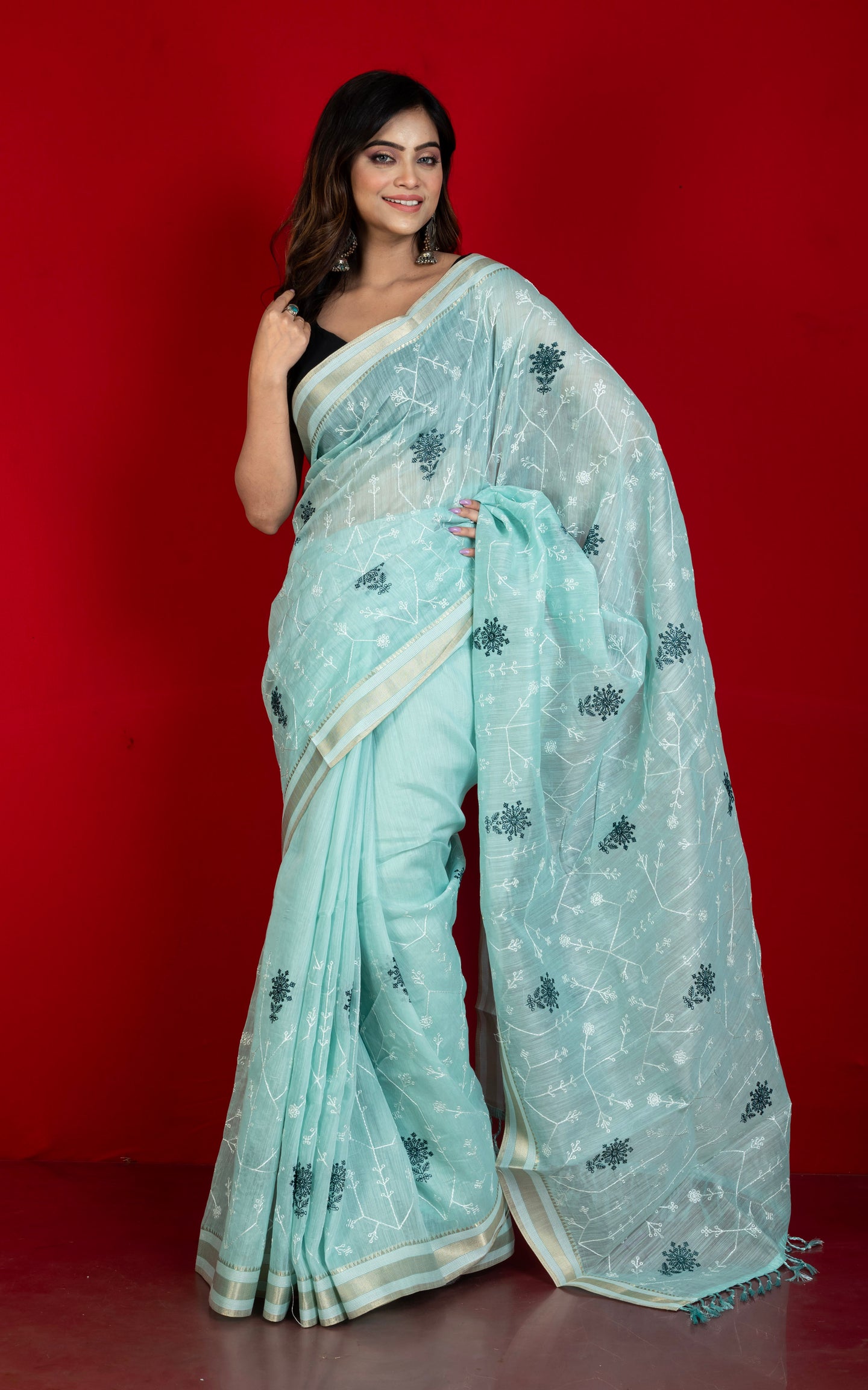 Machine Embroidery Work Soft Staple Cotton Saree in Coral Blue, Off White and Matte Golden