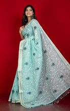 Machine Embroidery Work Soft Staple Cotton Saree in Coral Blue, Off White and Matte Golden