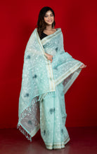 Machine Embroidery Work Soft Staple Cotton Saree in Coral Blue, Off White and Matte Golden