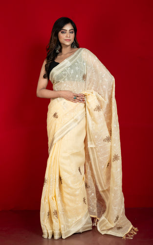 Machine Embroidery Work Soft Staple Cotton Saree in Peach Yellow, Off White and Matte Golden