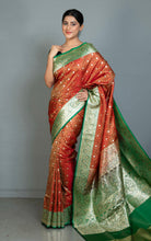 Traditional Handwoven Jamawar Minakari Banarasi Silk Sari in Terracotta Orange, Jewel Green and Multicolored