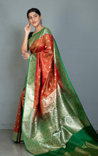 Traditional Handwoven Jamawar Minakari Banarasi Silk Sari in Terracotta Orange, Jewel Green and Multicolored