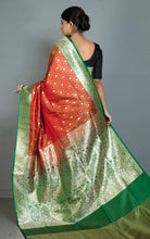 Traditional Handwoven Jamawar Minakari Banarasi Silk Sari in Terracotta Orange, Jewel Green and Multicolored