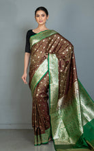 Traditional Handwoven Jamawar Minakari Banarasi Silk Sari in Cedar, Evergreen and Multicolored
