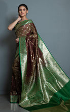 Traditional Handwoven Jamawar Minakari Banarasi Silk Sari in Cedar, Evergreen and Multicolored
