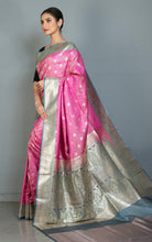 Traditional Handwoven Jamawar Minakri Banarsi Silk Sari in Persian Pink, Marble Blue and Multicolored