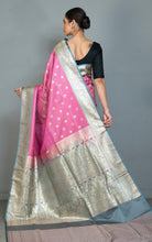 Traditional Handwoven Jamawar Minakri Banarsi Silk Sari in Persian Pink, Marble Blue and Multicolored