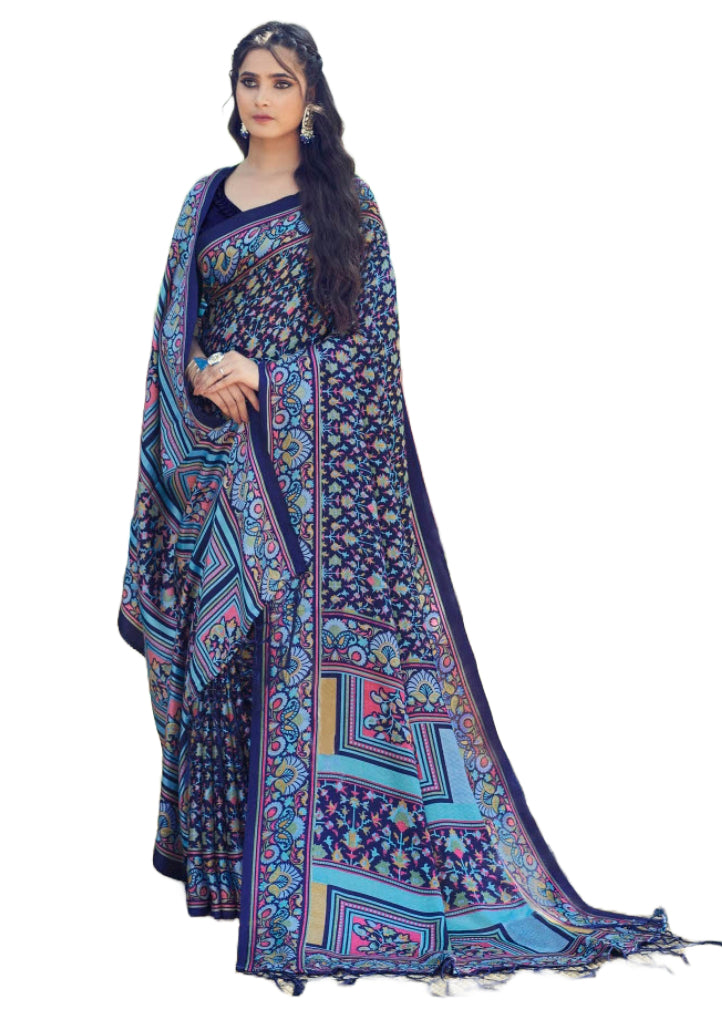 Printed Pashmina Saree and Shawl in Midnight Blue, Pastel Green and Mu ...