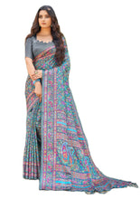 Printed Pashmina Saree and Shawl in Slate Grey, Sky Blue and Multicolored Prints