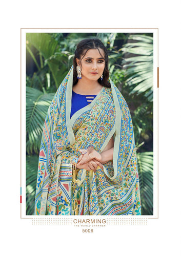Printed Pashmina Saree and Shawl in Off White, Blue and Multicolored Prints