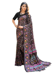 Printed Pashmina Saree and Shawl in Black, Hot Pink and Multicolored Prints