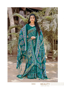 Printed Pashmina Saree and Shawl in Rama Green, Red and Multicolored Prints