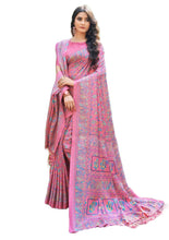 Printed Pashmina Saree and Shawl in Candle light Peach, Cyan and Multicolored Prints