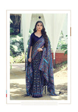 Printed Pashmina Saree and Shawl in Midnight Blue, Pastel Green and Multicolored Prints